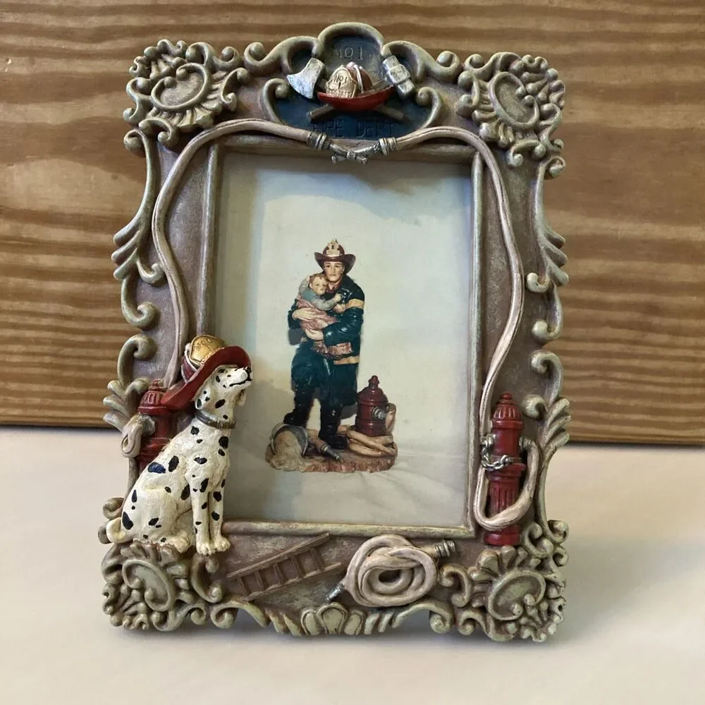 Fireman Picture Frame Dalmatian Firedog No 1 Fire Dept 3.5x5 Photo Tabletop